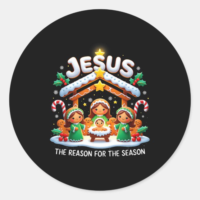 Jesus The Reason For Season Gingerbread Christmas  Classic Round Sticker (Front)