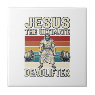 Jesus The Ultimate Deadlifter Vintage Vector Desig Ceramic Tile