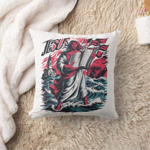 Jesus walking on the waves with a Bible at sunset Cushion