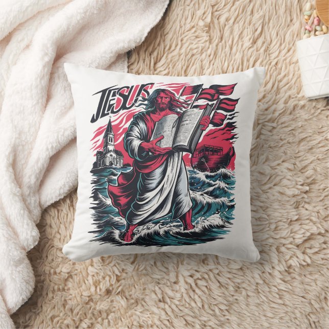 Jesus walking on the waves with a Bible at sunset Cushion (Blanket)