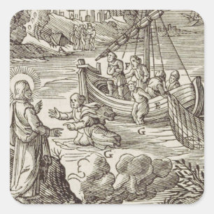 Jesus walking on water square sticker