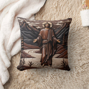 Jesus Walking on Water Surrounded by Mountains Cushion