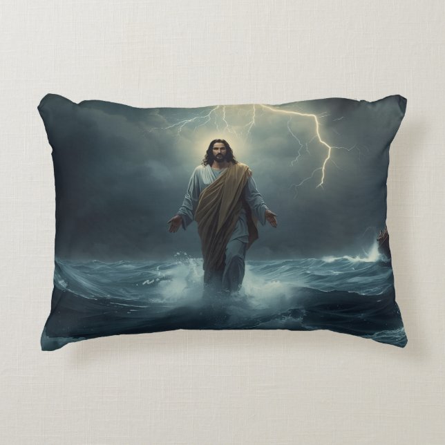 Jesus Walks on Water: Christian Theme Throw Pillow (Front)