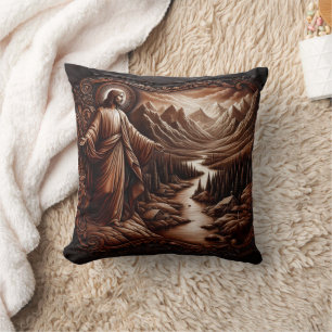 Jesus Welcoming in Serene Mountain Landscape Cushion