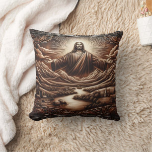 Jesus Welcoming in Serene Mountain Landscape Cushion