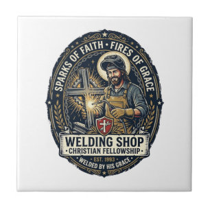 Jesus Welder Metal Shop T-Shirt Inspirational Fait Ceramic Tile