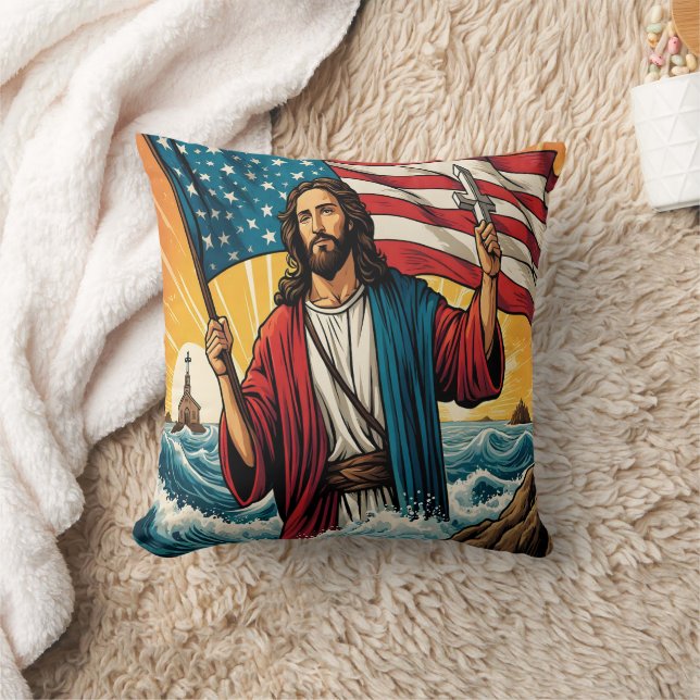 Jesus with American flag by sunset sea Cushion (Blanket)
