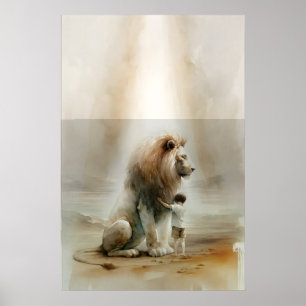 Jesus With Child And Lion Watercolor Christian Art Poster
