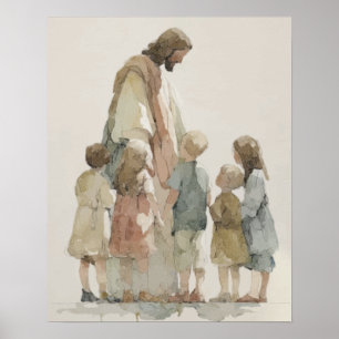 Jesus with Children Watercolor Poster