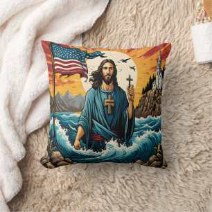 Jesus with cross at sunset waves/mountains cushion
