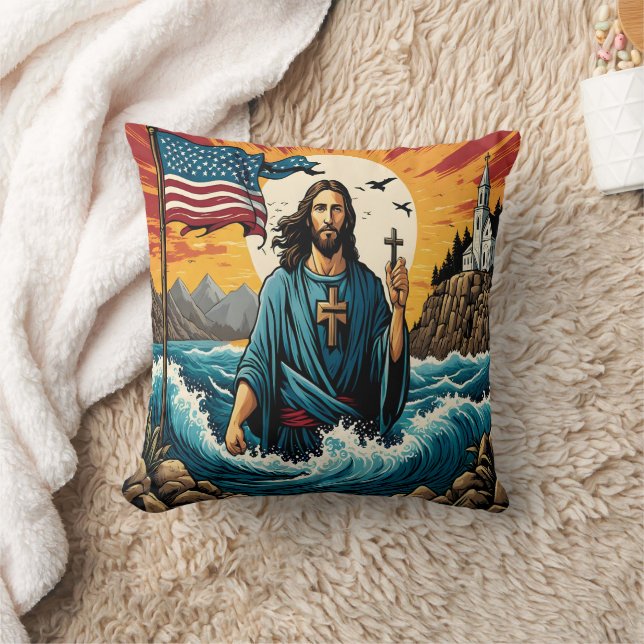 Jesus with cross at sunset waves/mountains cushion (Blanket)