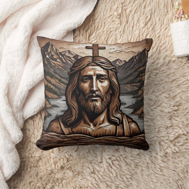 Jesus With Cross Overlooking Mountain Landscape Cushion (Blanket)