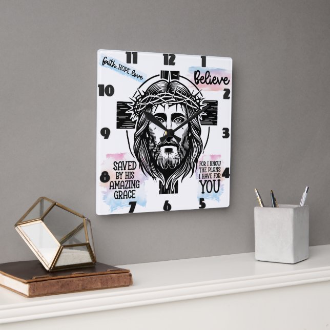 Jesus With Crown of Thorns Square Wall Clock (Office)