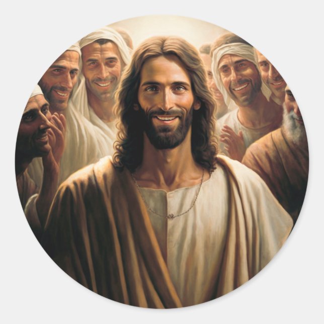 Jesus with His Disciples Smiling Classic Round Sticker (Front)