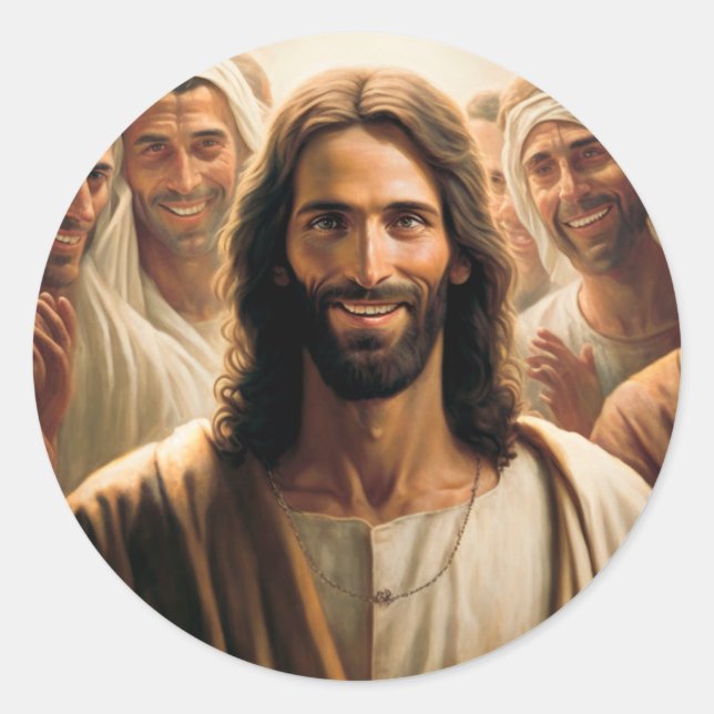 Jesus with His Disciples Smiling Closeup Classic Round Sticker (Front)