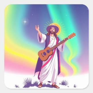 Jesus with Northern Lights, UFOs, Rainbows, Guitar Square Sticker