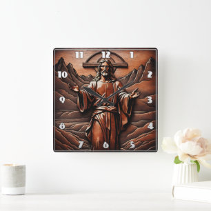 Jesus With Open Arms in Mountains Square Wall Clock