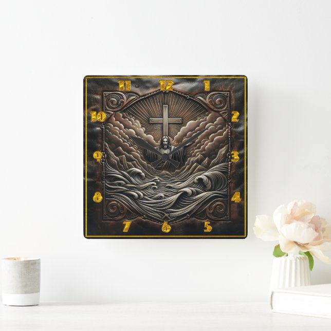 Jesus With Outstretched Arms Amid Stormy Waves Square Wall Clock (Home)