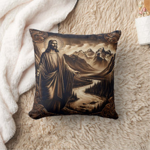 Jesus With Outstretched Arms in Mountain Landscape Cushion