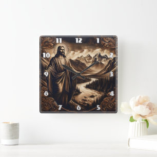 Jesus With Outstretched Arms in Mountain Landscape Square Wall Clock