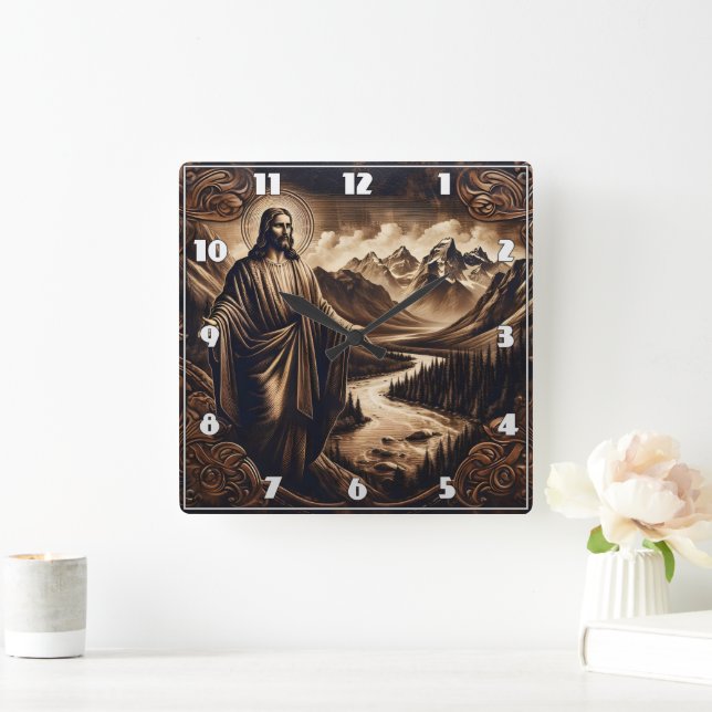 Jesus With Outstretched Arms in Mountain Landscape Square Wall Clock (Home)