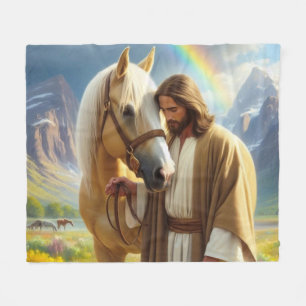 Jesus with Palomino Horse in Scenic Landscape  Fleece Blanket
