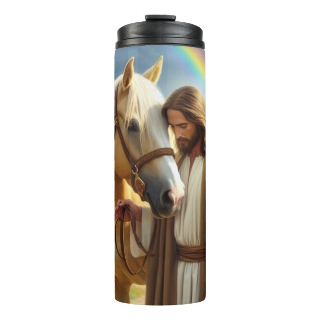 Jesus with Palomino Horse in Scenic Landscape  Thermal Tumbler (Front)