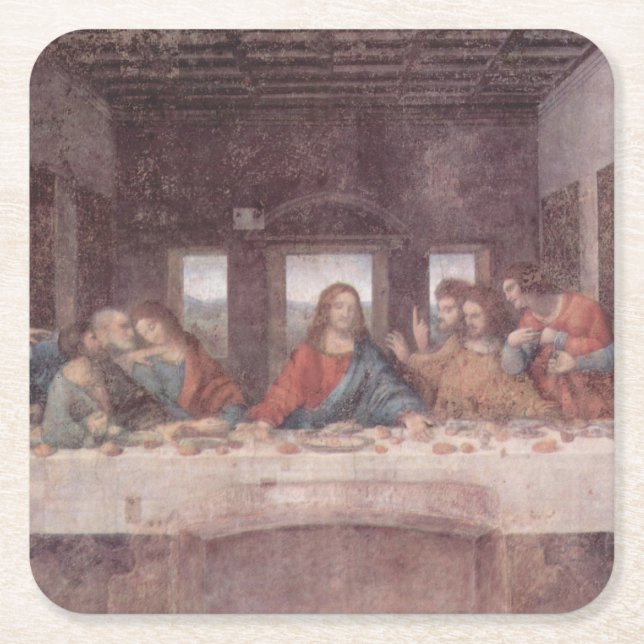 Jesus "Yeshua" The Last Supper, Leonardo da Vinci Square Paper Coaster (Front)