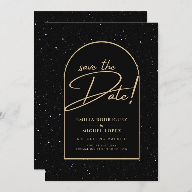 JET BLACK GOLD Starry Night Wedding SAVE DATE Invitation (Front/Back)