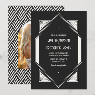 Jet Black & Ivory Linen Art Deco Wedding Photo Invitation