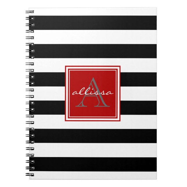 Jet Black Monogrammed Awning Stripe Notebook (Front)