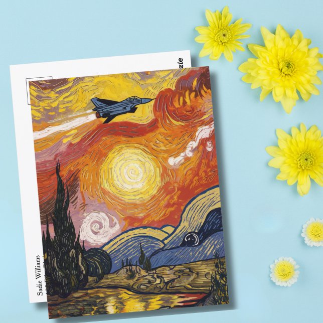 Jet Fighter Aeroplane Van Gogh Aviation Birthday Postcard (Creator Uploaded)