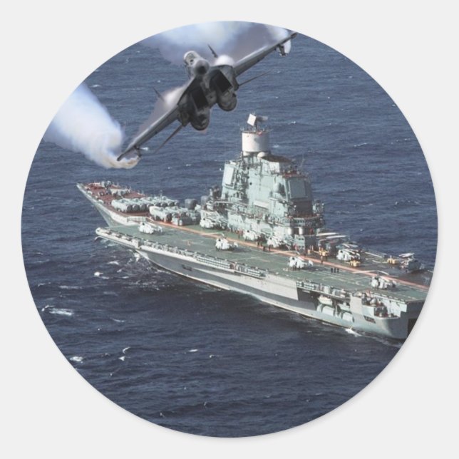 Jet Fighter Over Navy Ship Classic Round Sticker (Front)