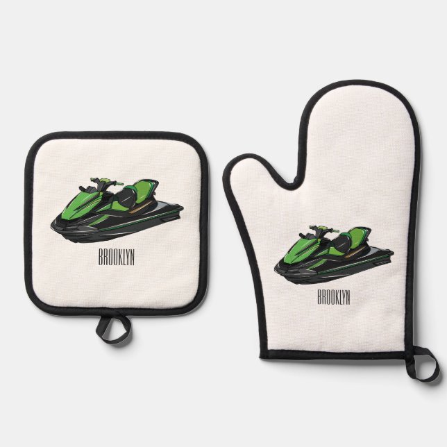 Jet ski cartoon illustration oven mitt & pot holder set (Front)