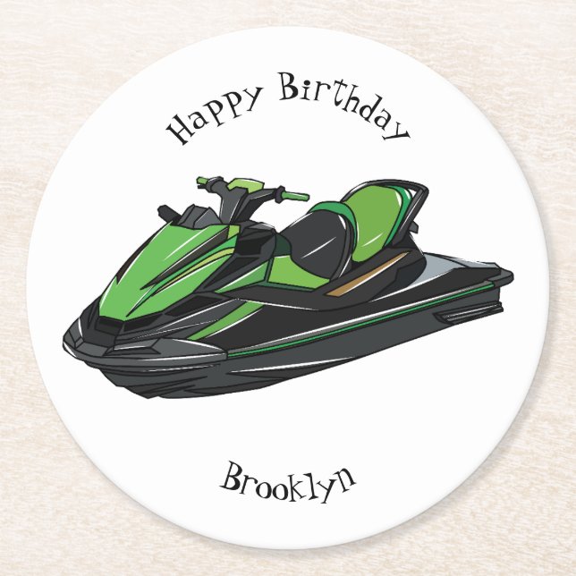 Jet ski cartoon illustration round paper coaster (Front)
