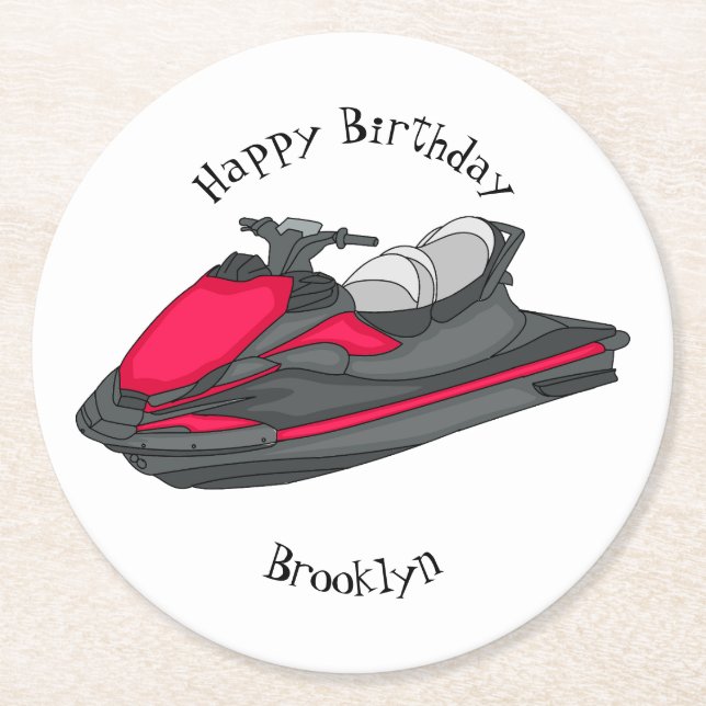 Jet ski cartoon illustration  round paper coaster (Front)