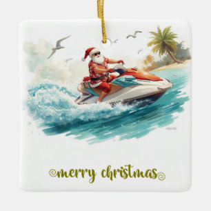 Jet Ski Christmas Holiday with Santa Claus Ceramic Ornament