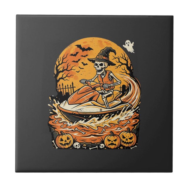 Jet Ski Halloween Skeleton Witch Pumpkin Design_1 Ceramic Tile (Front)