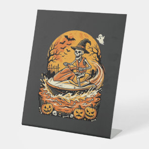 Jet Ski Halloween Skeleton Witch Pumpkin Design_1 Pedestal Sign