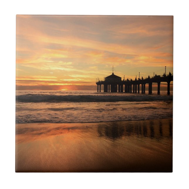Jetty Over Ocean Beach Sunset Ceramic Tile (Front)