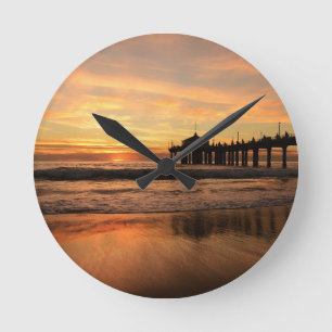 Jetty Over Ocean Beach Sunset Round Clock