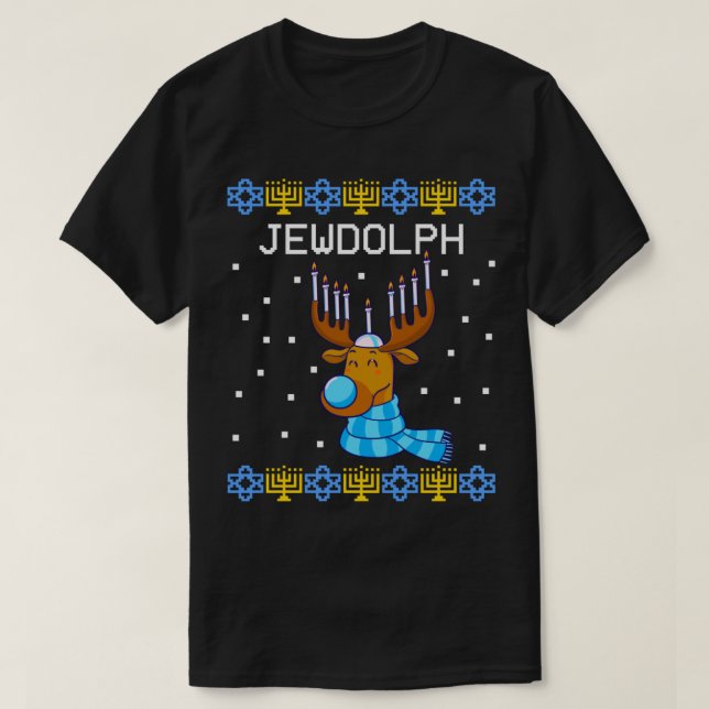 Jewdolph Ugly Hanukkah Sweater Reindeer Menorah Ch (Design Front)