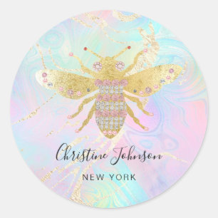 jewel bee logo on faux holographic design classic round sticker