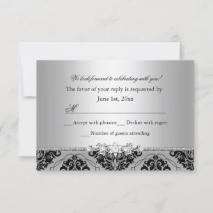 Jewel & Black Damask Silver RSVP Card