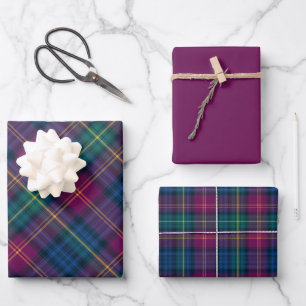 Jewel Blue, Green, Wine, Purple & Gold Plaid Wrapping Paper Sheet