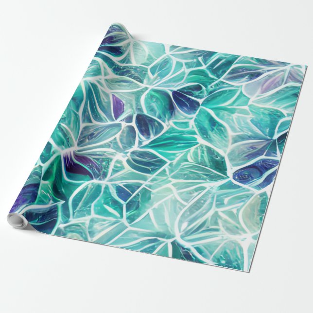 Jewel Blues Leaf Pattern Wrapping Paper (Unrolled)