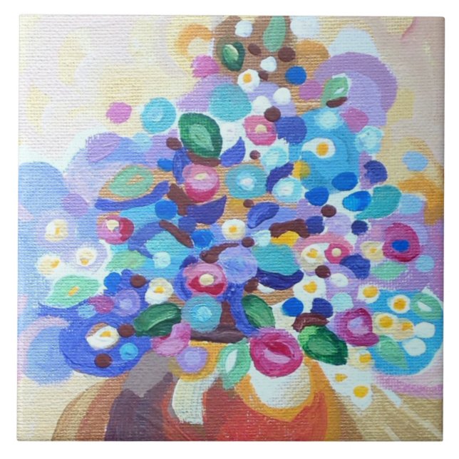 Jewel bright flowers with a handpainted look ceramic tile (Front)