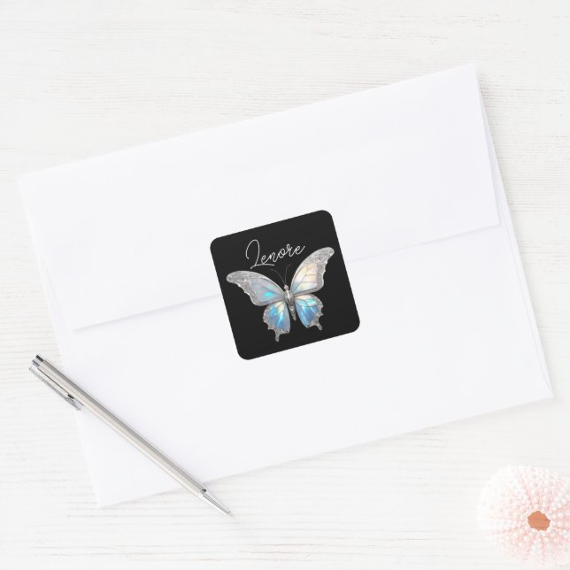 Jewel Butterfly Opal and Silver Square Sticker (Envelope)