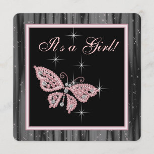 Jewel Butterfly Pink Black Baby Girl Shower Invitation