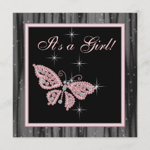 Jewel Butterfly Pink Black Baby Girl Shower Invitation
